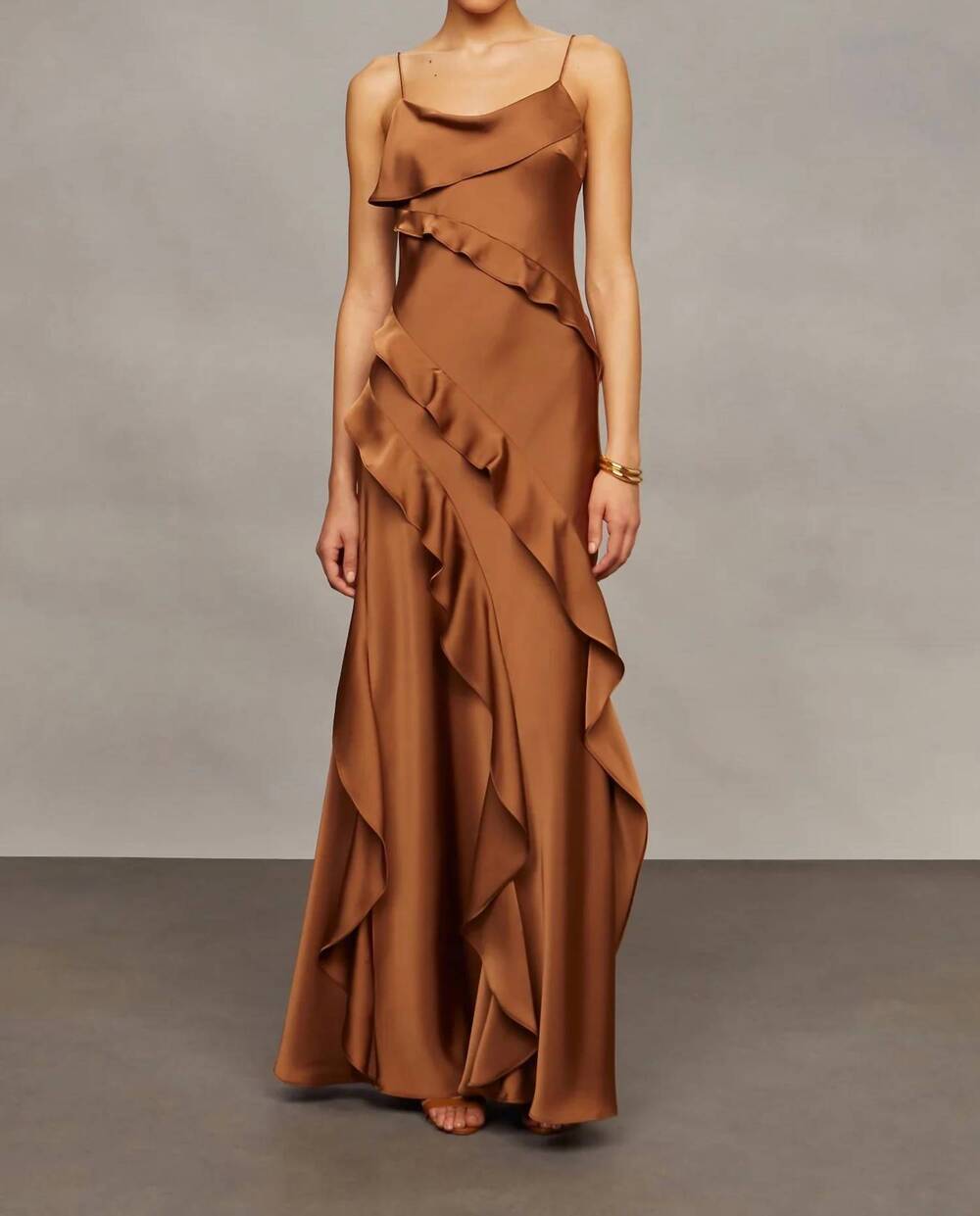 NEW AMUR women's dellen ruffle gown in nutmeg